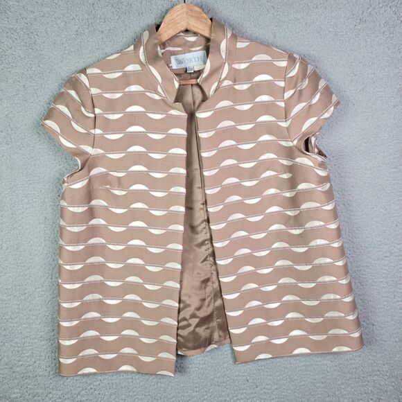 Worth Jacquard Open Front Short Sleeve Structured Jacket Tan Cream 12 Minimalist - Picture 11 of 13